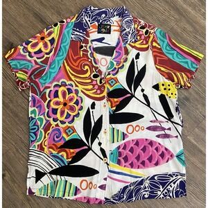 Jams World Pescado Water Color Floral Hawaiian Womens Button Up Large L‎